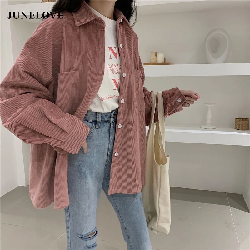 

JuneLove New Autumn Women Long Sleeve Blouse Shirt Vintage Corduroy Female Loose Blouse Casual Street Wear Lady Tops Outwears