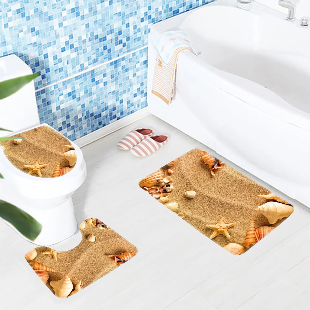 Bathroom Mat Sets 3 Piece Beach Sea Shell Pattern Toilet Mat Anti