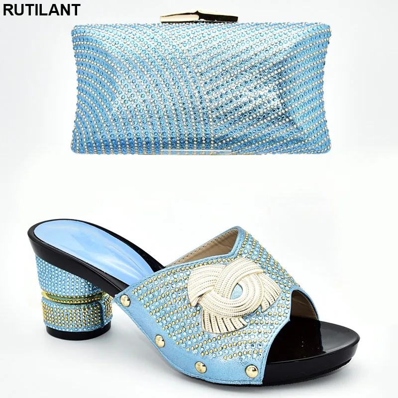 

New Shoe and Matching Bag for Nigeria Party Slip on Shoes for Women Ladies Italian Shoes and Bag Set Decorated with Rhinestone