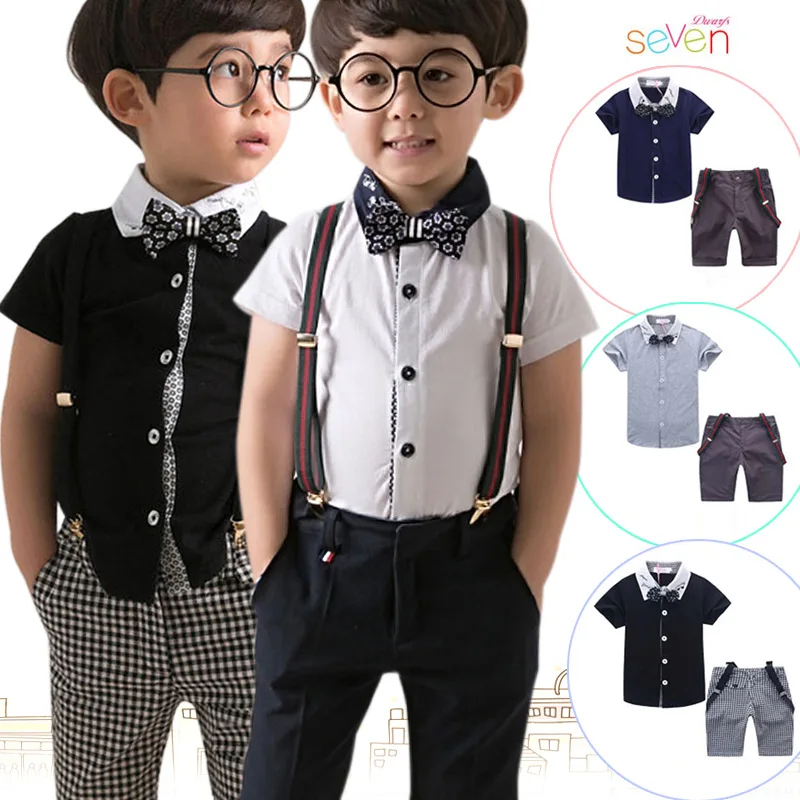 New gentleman boys short sleeve t shirt bow plaid bib shorts strap suit fashion kids casual