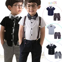 New gentleman boys short sleeve t shirt +bow+plaid bib shorts+strap suit fashion kids casual outwear summer clothes 16O101