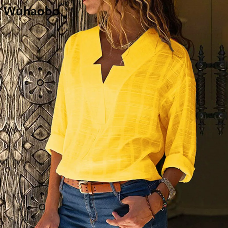 

Wuhaobo Fashion Women Shirts Summer Solid Women Tops V-neck Long Sleeve Irregular Plaid Loose Casual White Top Blouse Harajuku
