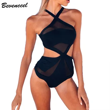 

Bevenccel 2020 New Arrival Black Sexy Summer Bodycon Bandage Bodysuit Sleeveless Mesh Hollow Out Elegant Beach Party Jumpsuits