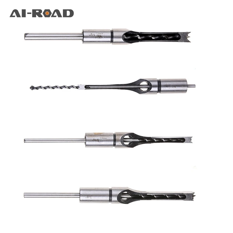 

4pc 1/4",5/16",3/8",1/2" Twist Drill Bits Set Mortising Chisel Set Square Hole Mortiser Drill Bit For Woodworking Drilling Tools