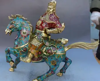 

16" Chinese Cloisonne Enamel Gilt Ride Horse Guan Gong Yu Warrior God Guan gong