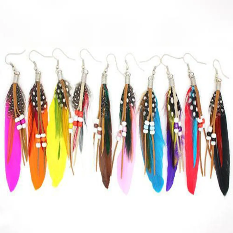 

QCOOLJLY 10Colors bohemian silver Color long 10cm feather earrings beads for women jewelry for catwalk hanging earrings brincos
