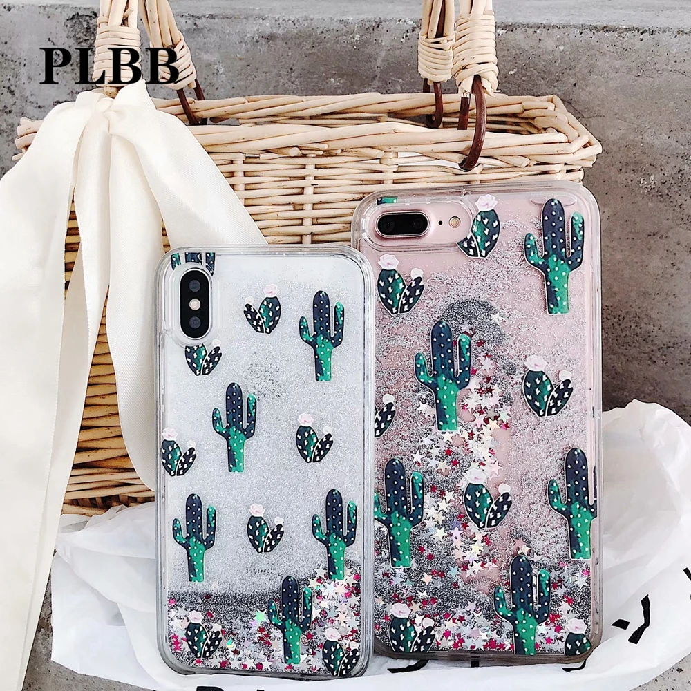 

PLBB Fashion Girls Summer Fruit Cactus Glitter Liquid Quicksand Case for iPhone X 6 6S 7 8 Plus Bling Sequin Dynamic Phone Cover