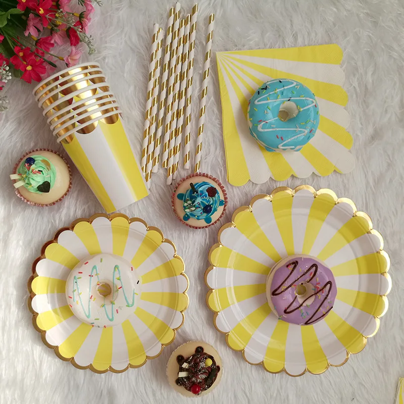 

Yellow Stripe Party Tableware Disposable Sets Paper Plates Cups Napkins Straws Wedding Birthday Party Decorations Adult Supplies