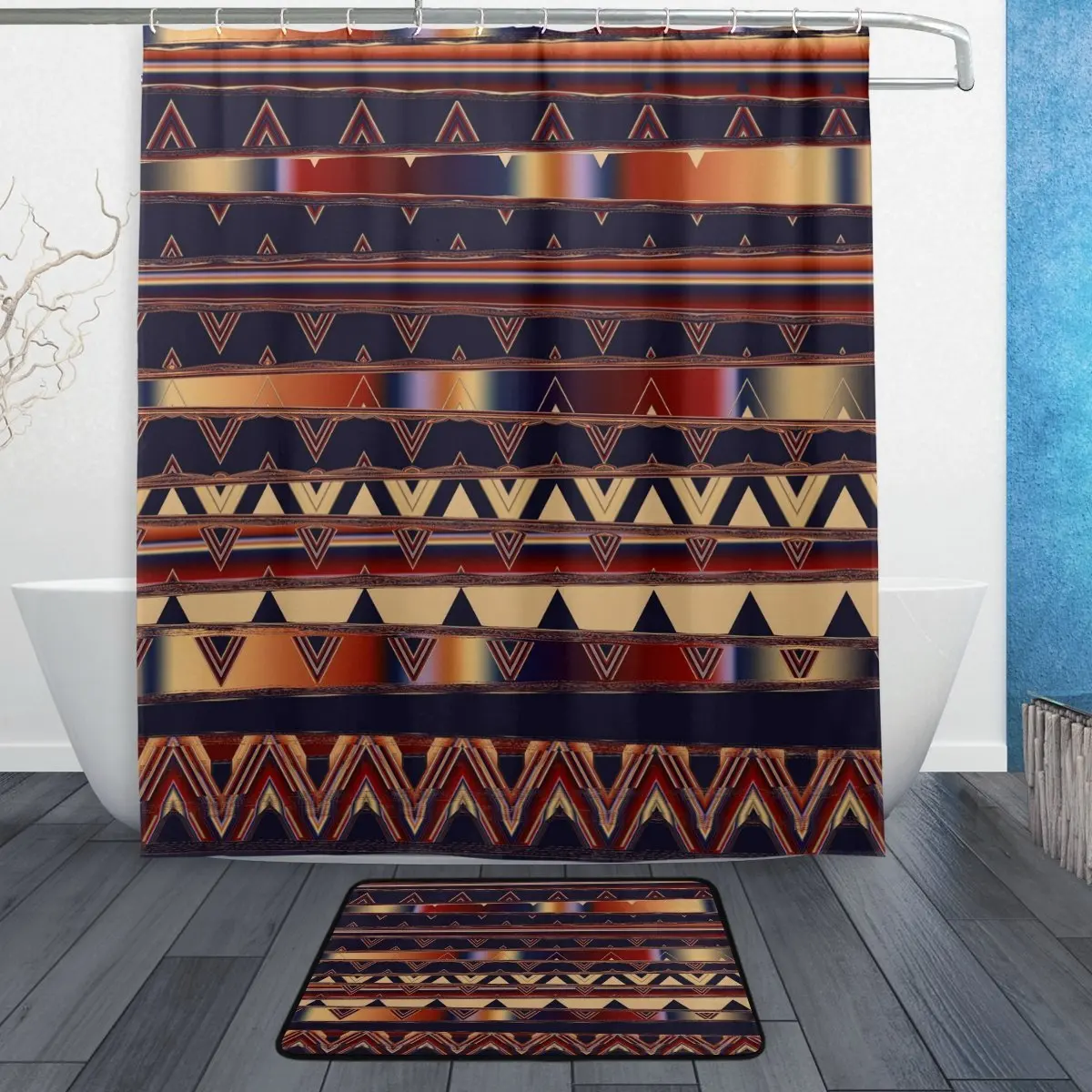 Exotic Ethnic Tribal Shower Curtain and Mat Set, African Egyptian