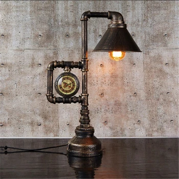 

Creative Iron Water Pipe Clock Desk Light Personality Vintage Industrial Wind Warm Style E27 Desk Lamp For Study Cafe Bar Decor