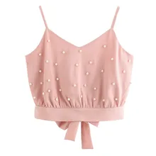 Модная женская жилетка, шифоновая майка, топы без рукавов, одноцветная жемчужная безрукавка, короткая майка с бисером#0103 A2