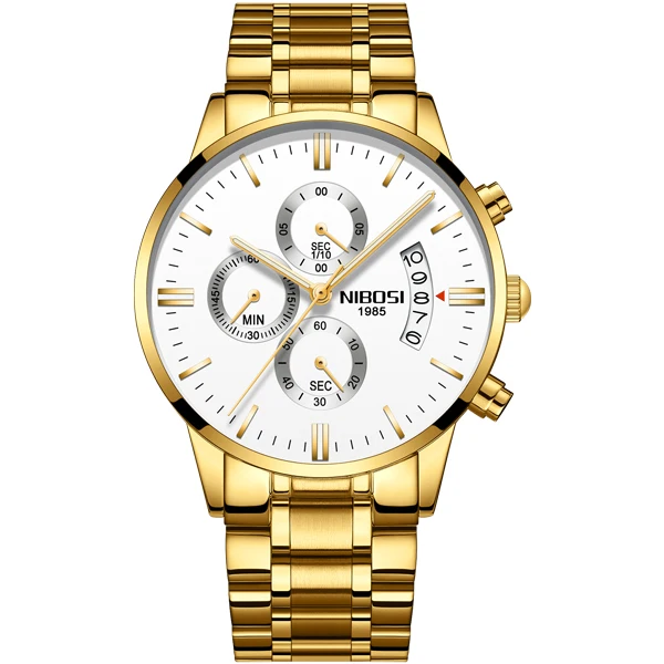 NIBOSI золотые кварцевые часы лучший бренд роскошных Для мужчин часы моды человек Наручные часы Нержавеющая сталь Relogio Masculino Saatler - Цвет: Gold White Steel