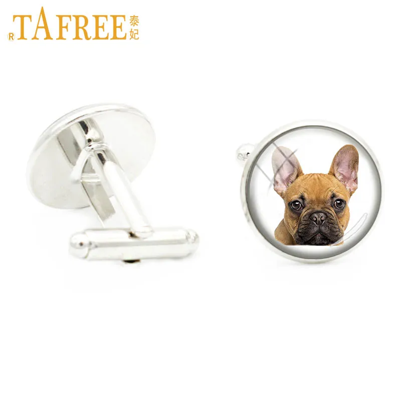 

TAFREE new handmade love French bulldog glass gem cufflinks men jewelry dog lovers gifts poodle collie animal cuff links DG25