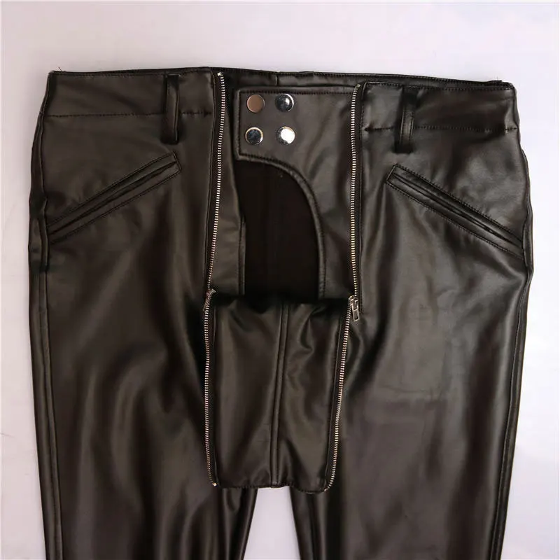 MEISE/мужские брюки-карандаш из искусственной кожи с двумя молниями и открытой промежностью, брюки в стиле панк, облегающие брюки для ночного клуба, эластичные длинные штаны