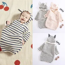 Теплое одеяло для новорожденных, детское 3D вязаное одеяло в черно-белую полоску с капюшоном и заячьими ушками, вязаное одеяло