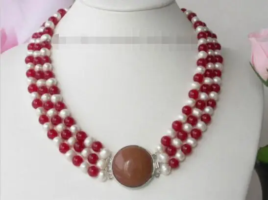 

Free Shipping >> Vogue 3strands 8mm red jade white Pearl Necklace
