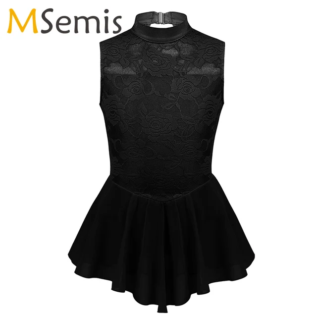 US $10.37 Kids Ballet Dance Leotard Dress Ice Skating Dress Girls Sleeveless Floral Lace Back Keyhole Figure 
