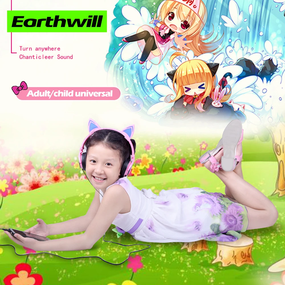 

Universal adult/child cartoon cat ears head-mounted luminous foldable music headphones