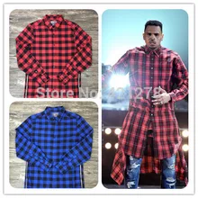 Hip Hop Tyga Mens Red Tartan Plaid Shirts Long Sleeve Side Gold Zipper Man Extended Casual Bule Lattice Shirt