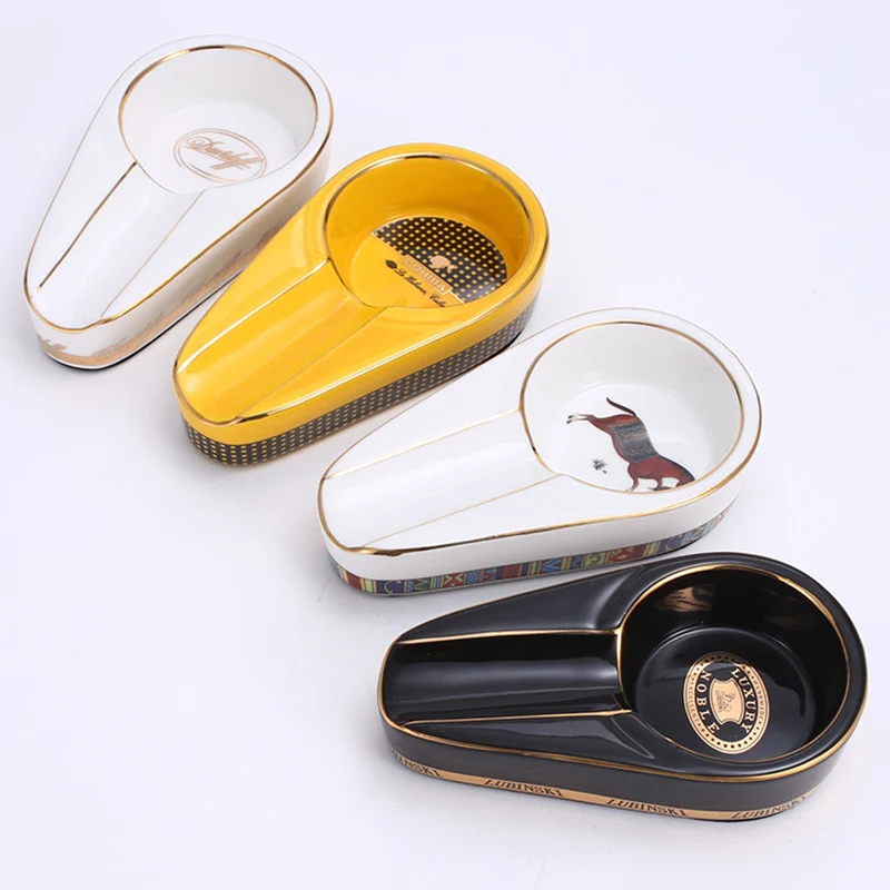 LUBINSKI-Cigar-Gadgets-Ceramic-Cigar-Ashtray-Single-Cigar-Holder-Round-Ash-Slot-4-Colors-Yellow-Tobacco(2)