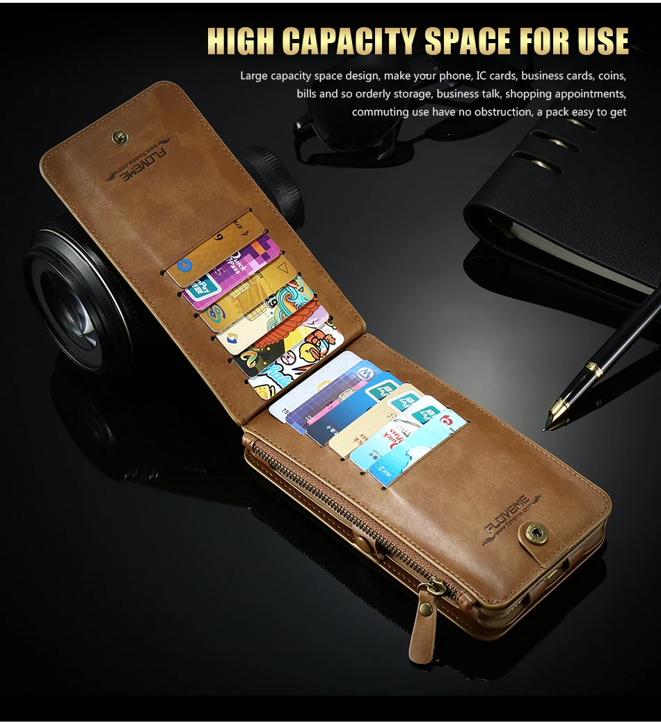 FLOVEME Hybrid Detachable Leather Case For Samsung Galaxy S7 Edge 18 Card Slot Metal Zipper Cash Storage Wallet Pouch Cover Bag (10)