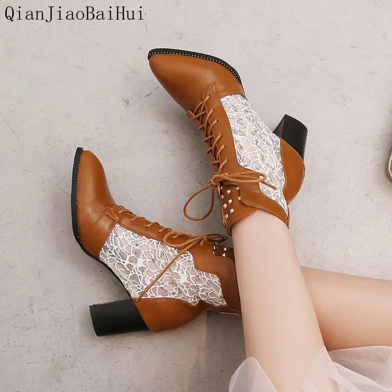 

Large Size 43 Boots Summer Fall Women Ankle Boots Square Heel Point Lace-up Breathable Mesh Chelsea Boots Ladies Casual Shoes