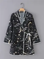 Новинка 2019 года INS для женщин японский звезда печати с длинным рукавом халат Женский сезон: весна-лето короткие халаты