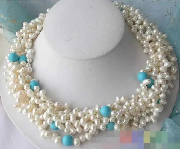 

song voge gem nanJ0781 5ROW WHITE RICE FRESHWATER PEARL turquoise NECKLACE