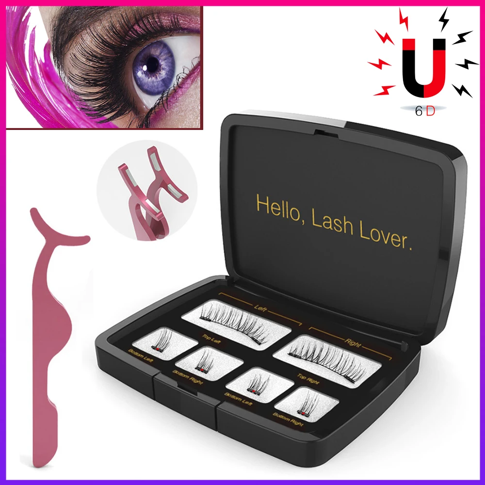 

6Pcs Fashion makeup Magnetic Eyelashes with 2 Magnets Handmade 3D Natural make up False Eyelashes with Tweezer & Gift Box Mirror