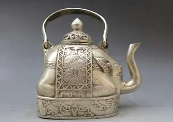 

China silver handwork carved fine bat teapot beautiful elephant pot Statue