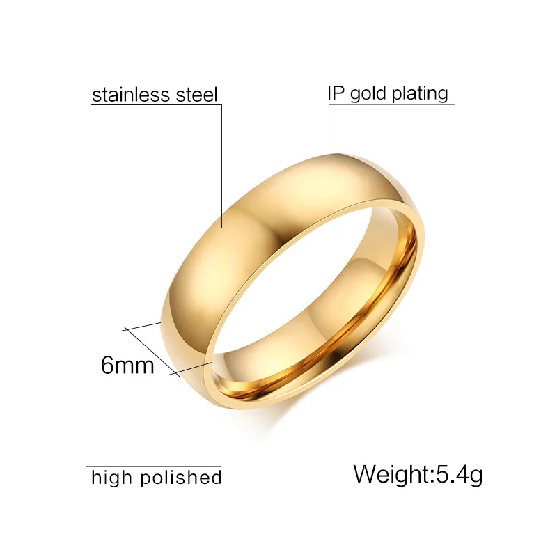 AMDXD Jewelry Couple Ring Men High Polished Smooth Design Gold Stainless Steel Ring Jewelry 6 MM,Single Sale