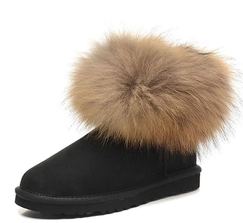 

Luxury Brand Natural Big Fox Fur Snow Boots Women Winter Nubuck sheep Leather Snow Boots Suede Genuine Leather Flat Boots 34-44