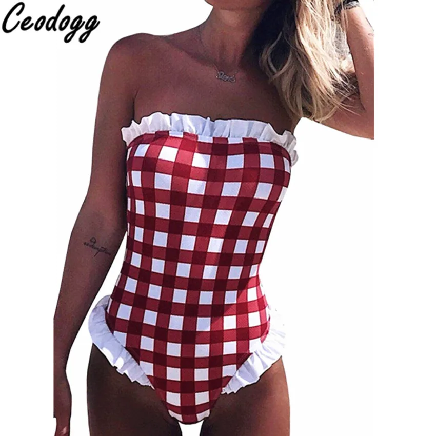 

CEODOGG 2019 New Arrivals Women One Piece Ruched Ruffle Checked Swimwear Grid Plaid Spaghetti Straps One Piece Swimsuit CB08