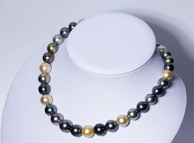 

11-12MM NATURAL SOUTH SEA GENUINE BLACK WHITE GOLD ROUND PEARL NECKLACE 14K