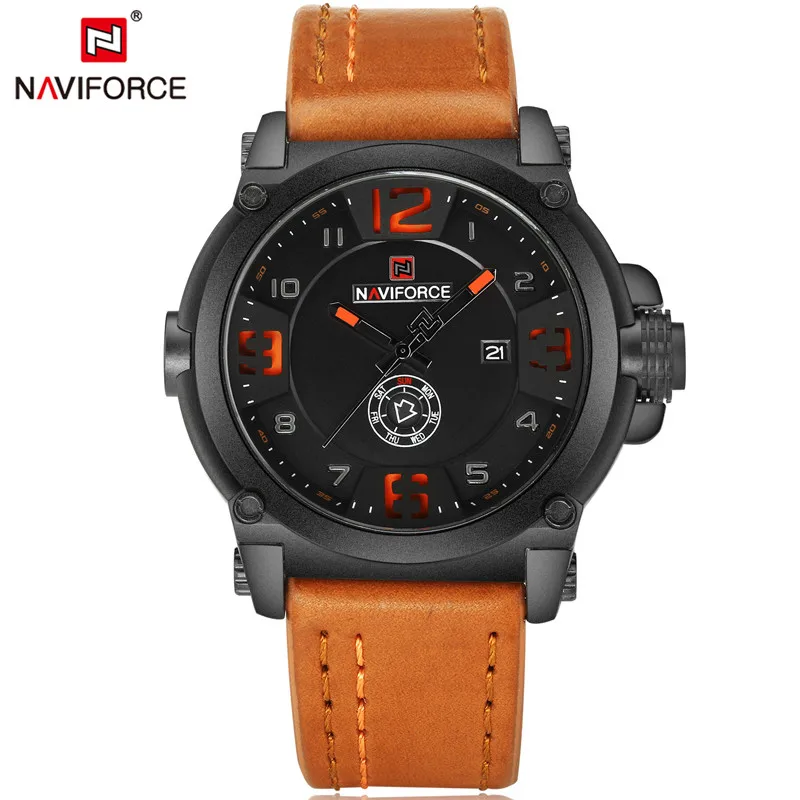 Новые модные мужские часы Naviforce Militray Спортивные кварцевые мужские часы кожаные водонепроницаемые мужские наручные часы Relogio Masculino - Цвет: black  orange