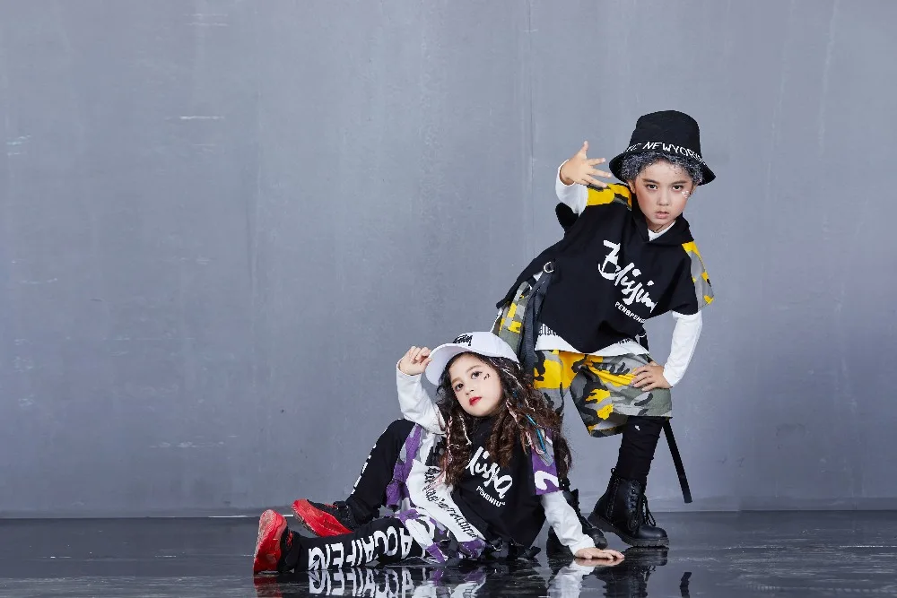 Spring Autumn Boys Girls Street Dance Clothes Suit Children's Fashion Print Performance Tracksuit Kid Hip-Hop Sportswear Outfit (45)