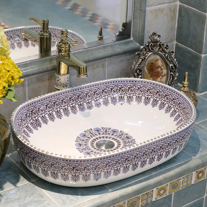 Oval bathroom Ceramic Counter Top Wash Basin Cloakroom Hand Painted