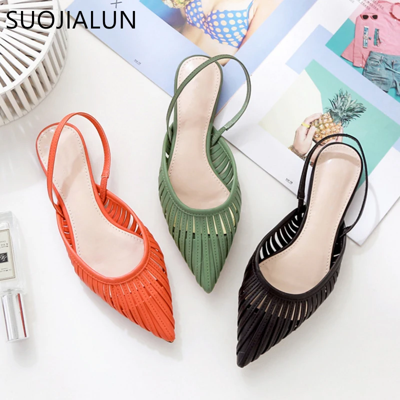 

SUOJIALUN 2019 New Women Flat Sandals Brand Design Pointed Toe Slip On Sandal Mule Low Heel Strap Dress Women Outdoor Slides