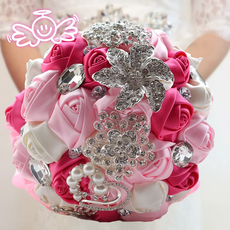 Buque De Noiva ssyfashion букет Роскошные атласные розы цветы с Кристалл Букеты свадебные жемчужные невесты Свадебные аксессуары - Цвет: pink rose red