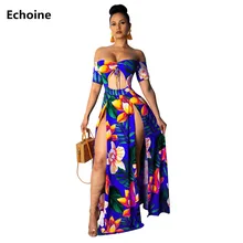 Women Floral Print Maxi Dress Sexy Off-shoulder High Split Long Dress Femme Robe Beach Dress Hollow Out Strapless Vestidos Boho Women Floral Print Maxi Dress Sexy Off-shoulder High Split Long Dress Femme Robe Beach Dress Hollow Out Strapless Vestidos Boho