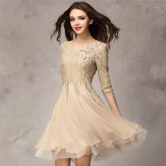 15 Spring Women Dress Knee Length Lace Bottom Vestidos Ladies One Piece Elegant Wedding Party Dress Dresses Wear Christmas Party Party Dresses Manufacturersdress Beige Aliexpress