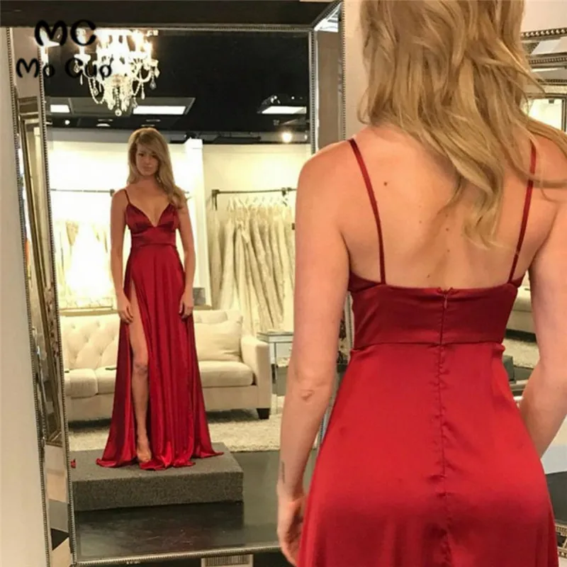 

In Stock 2019 Ready Evening Dresses Long Robe de soiree V Neck Shiny Satin Front Slit Backless A-Line Evening Party Dresses