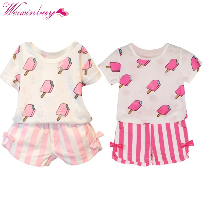 Summer Kids font b Baby b font Girls Clothing Set Ice Cream Printed T shirt Tops