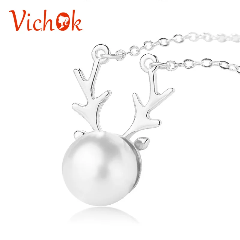 

VICHOK Antlers Freshwater Pearl necklace 925 Sterling Silver Pendant & Necklace For Women Christmas gift fine Jewelry Kolye