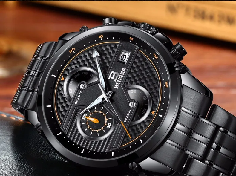 Швейцарские роскошные мужские часы Бингер бренд кварцевые часы мужские большой циферблат Дизайнер хронограф водонепроницаемые часы B-9018-4