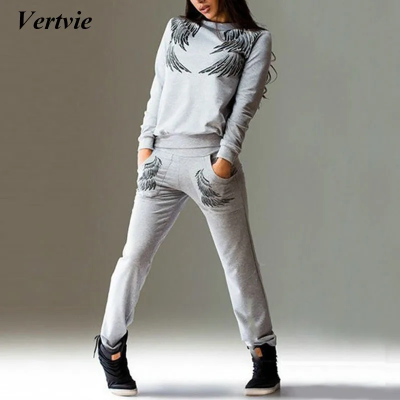 

Vertvie 2 piece Set Printed Women Sport Suits Patchwork Long Sleeve Hooded Running Sets Sweat Pants Jogging Suit Autumn Winter