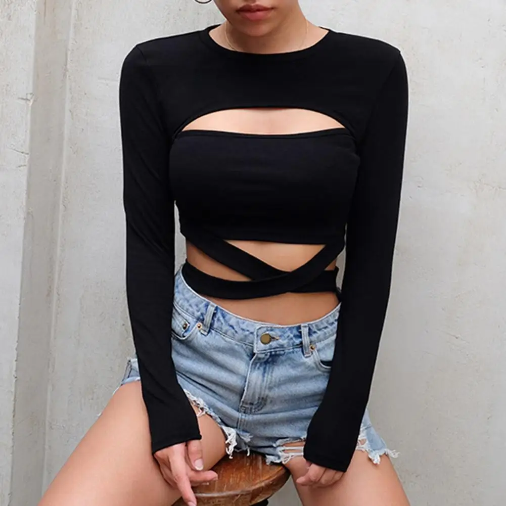 

Autumn Solid Color Women Sexy Cutout Bandage Cross Strap Long Sleeve Crop Top