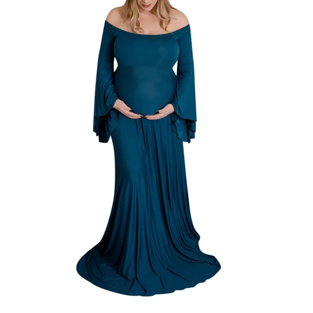 

SAGACE Sexy Maternity Off Shoulder Photography Props Dresses Long Dress Women Maternity Graceful Long Sleeve Solid Dress