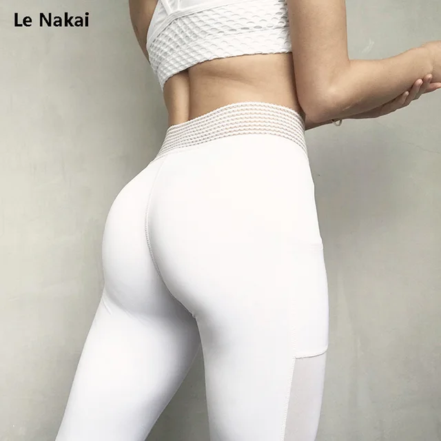 Le Nakai White Lace Waistband Big Booty Yoga Pants For Women Mesh Side 