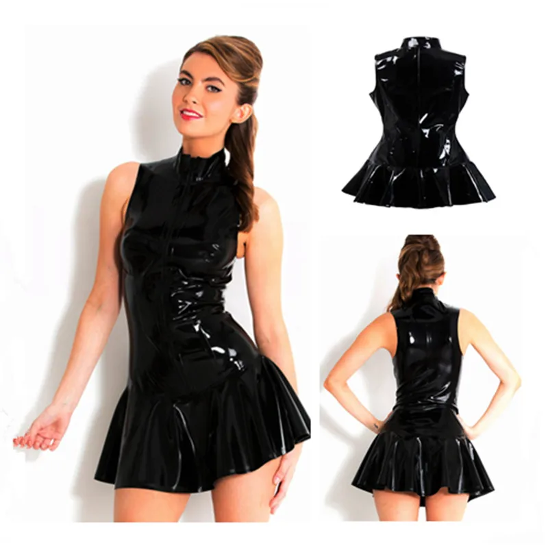 

Women Plus Size 3XL Wet Look Sexy Dress PVC Leather Pleated Dresses Sleeveless Latex Catsuit Pole Dance Dress Clubwear Costume